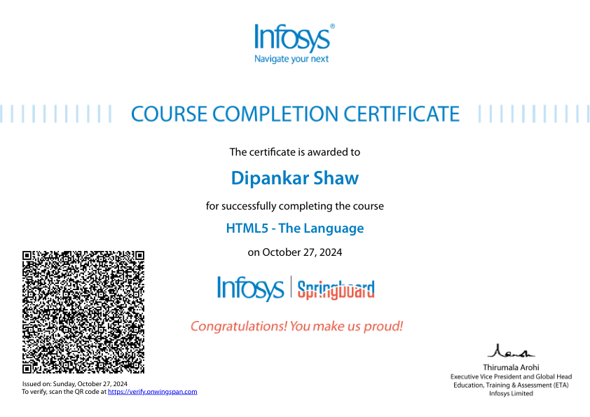 HTML Certificate from Infosys Springboard