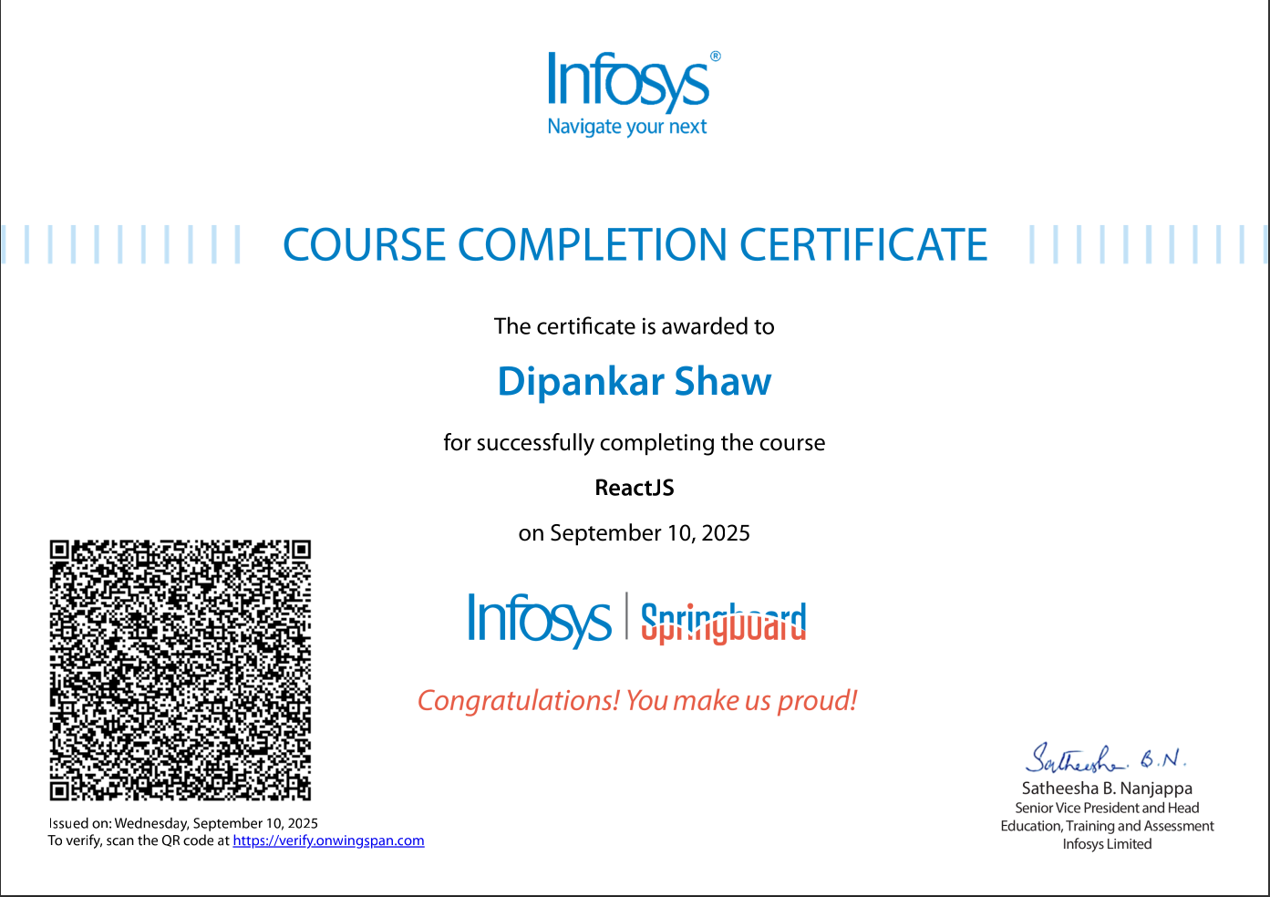 ReactJS Certificate from Infosys Springboard